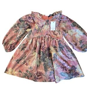 Eve & Milo Kids‎ Pink Metallic Floral Puff Sleeve Ruffle Collar Dress 2-3 Years